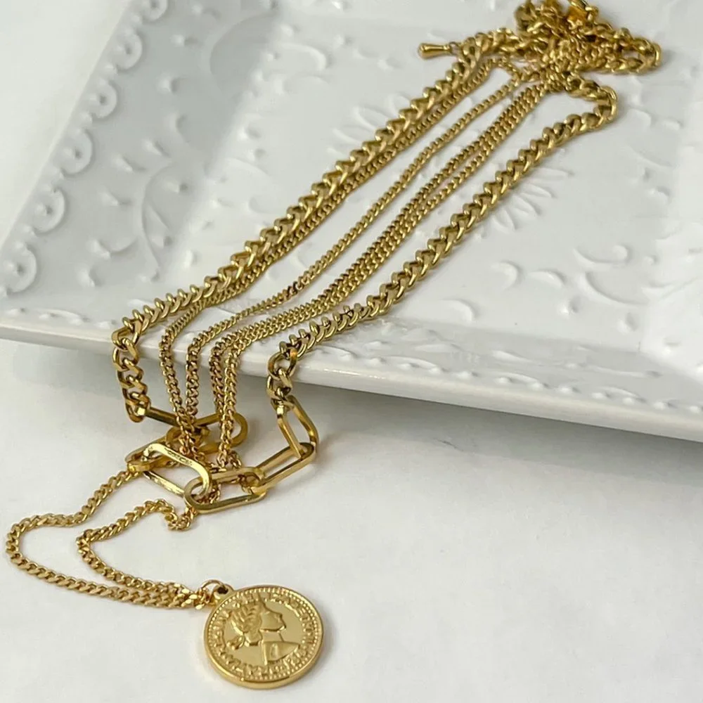 3 Layer Gold Coin Necklace Gold Layered Necklace - Picture 6 of 10